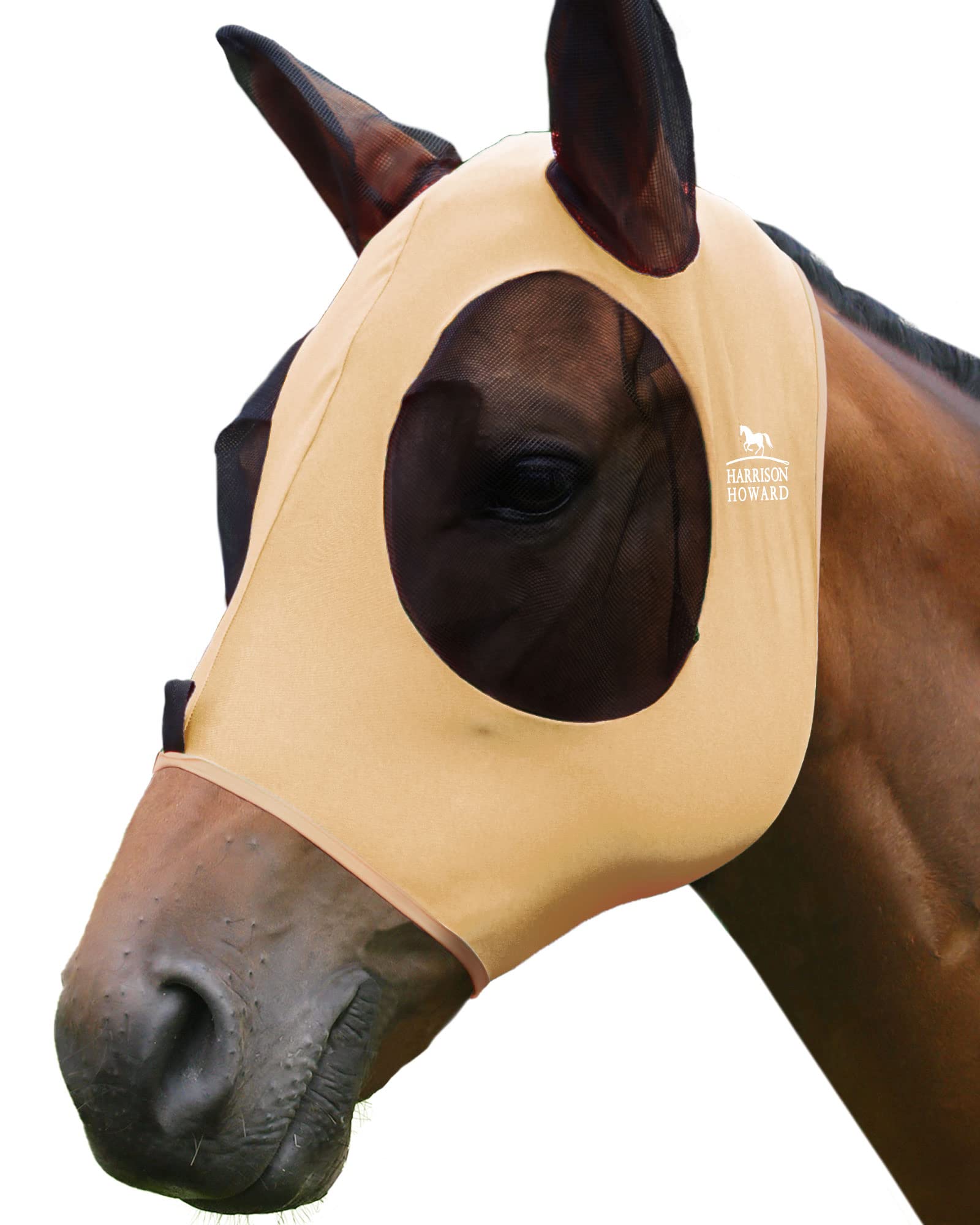Harrison Howard Super Comfort Horse Fly Mask Elasticity Fly Mask with Ears UV Protection for Horse Champagne Gold M Cob